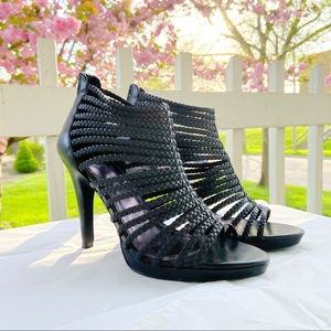 ZARA  Black Leather Braided Peep-Toe Ankle Sandal with Back Zipper.